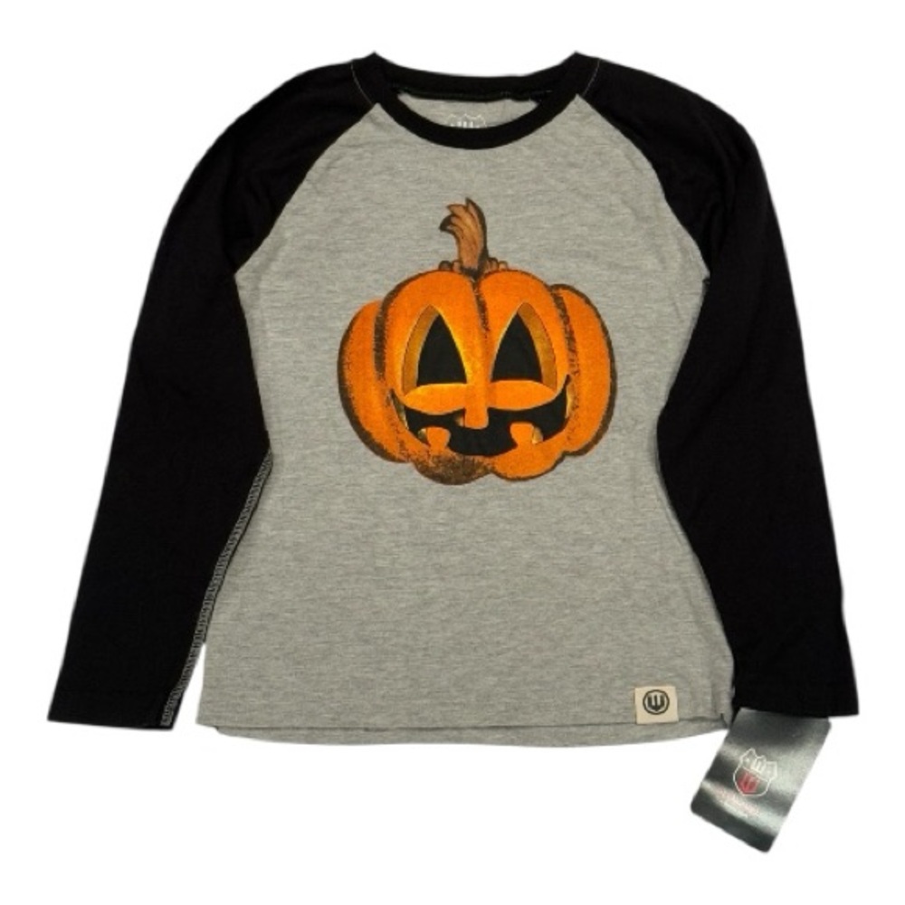 Wes and Willy Kids Halloween Pumpkin Raglan Gray & Black Boy’s Top Shirt 5T